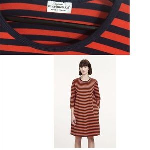 Marimekko Red Orange and Navy Striped Dress